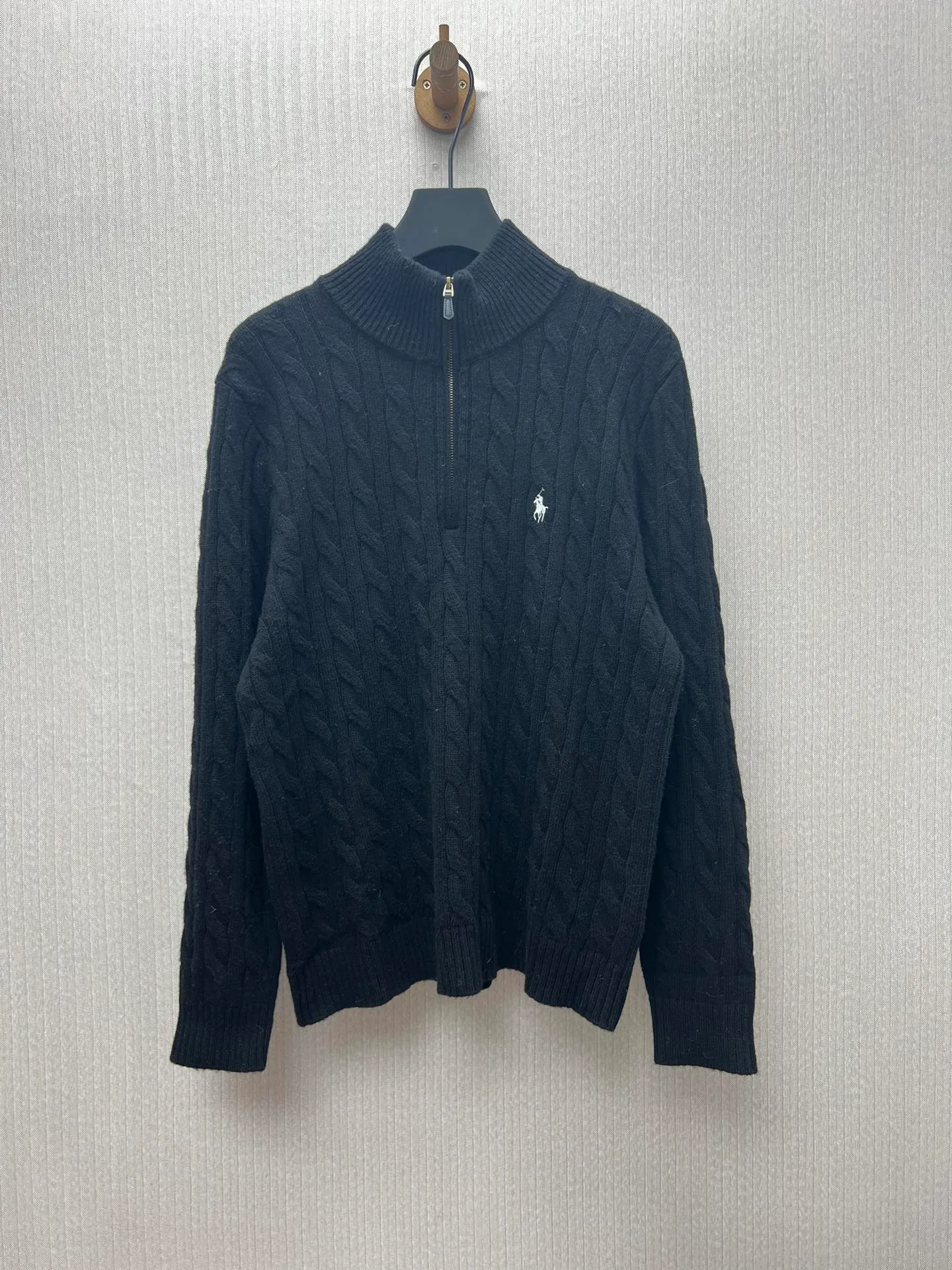 P500 Polo 25ss new solid color pony embroidered long-sleeved sweater, men's black, size: S.M.L.XL.